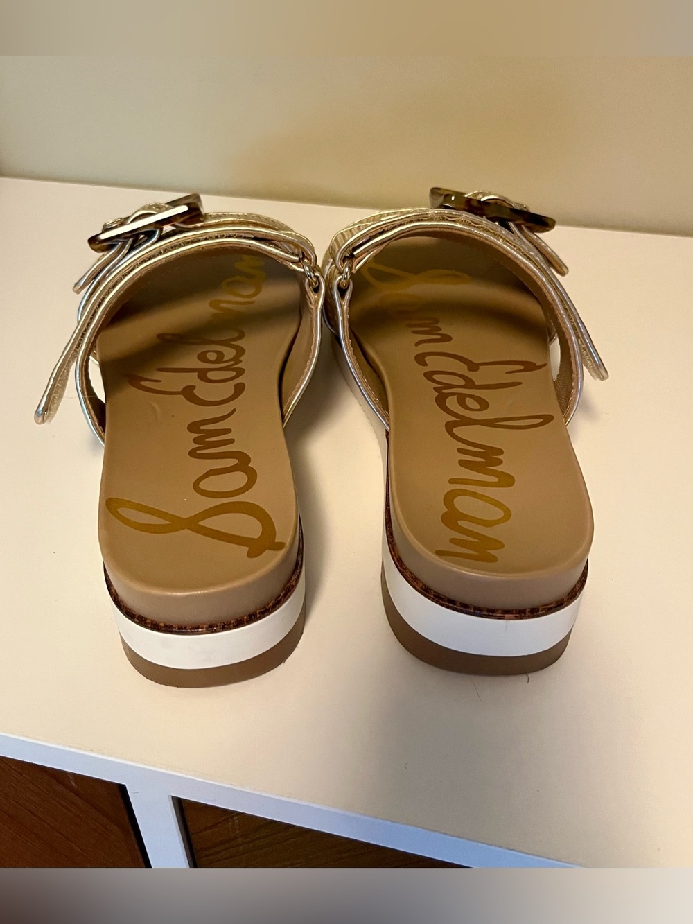Sam Edelman Adrianna Gold Raffia Slides with Tortoiseshell Buckles - Picture 3 of 5